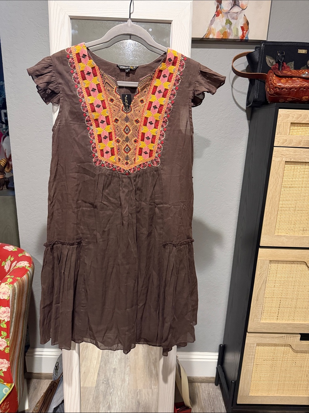 Lightweight Boho Embroidered Midi Dress by Chaudry KC Size S